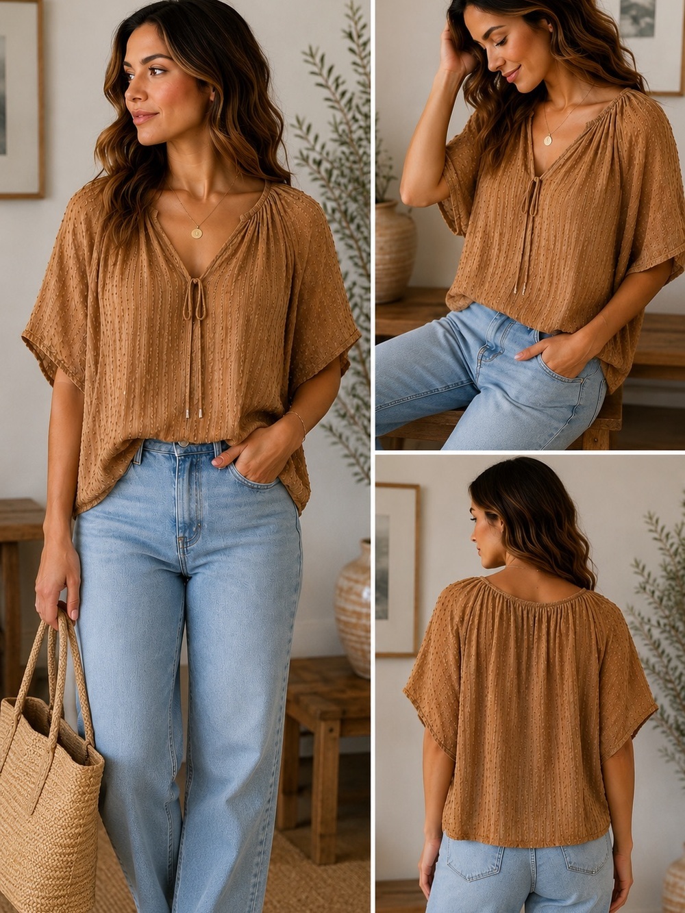 Tommy Hilfiger Tan Textured Tie Neck Boho Blouse Size Small Flowy Dolman Sleeve